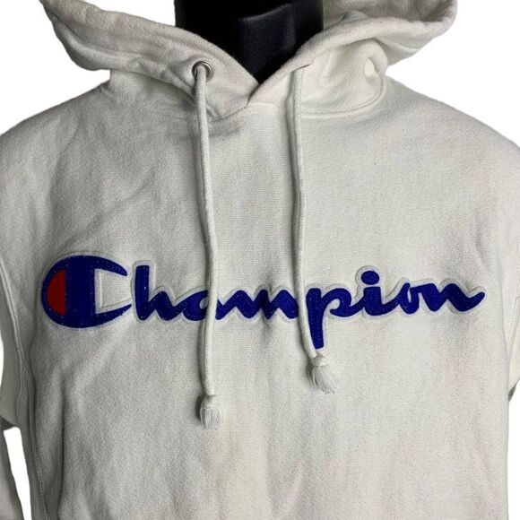 Vintage Champion Reverse Weave Hoodie S White Patch Pullover Kangaroo Pocket - Picture 2 of 6